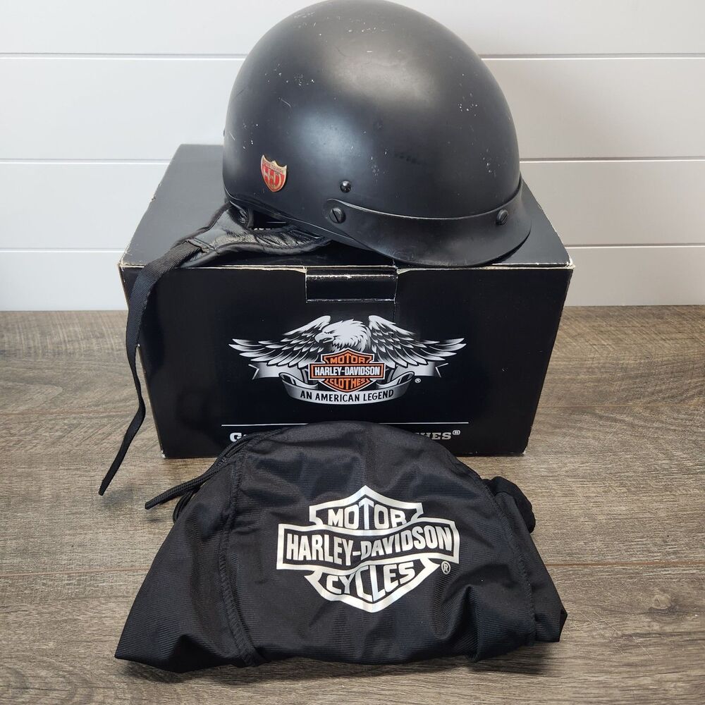 Harley Davidson Adult Medium Motorcycle Half Helmet Black Matte Chin Strap
